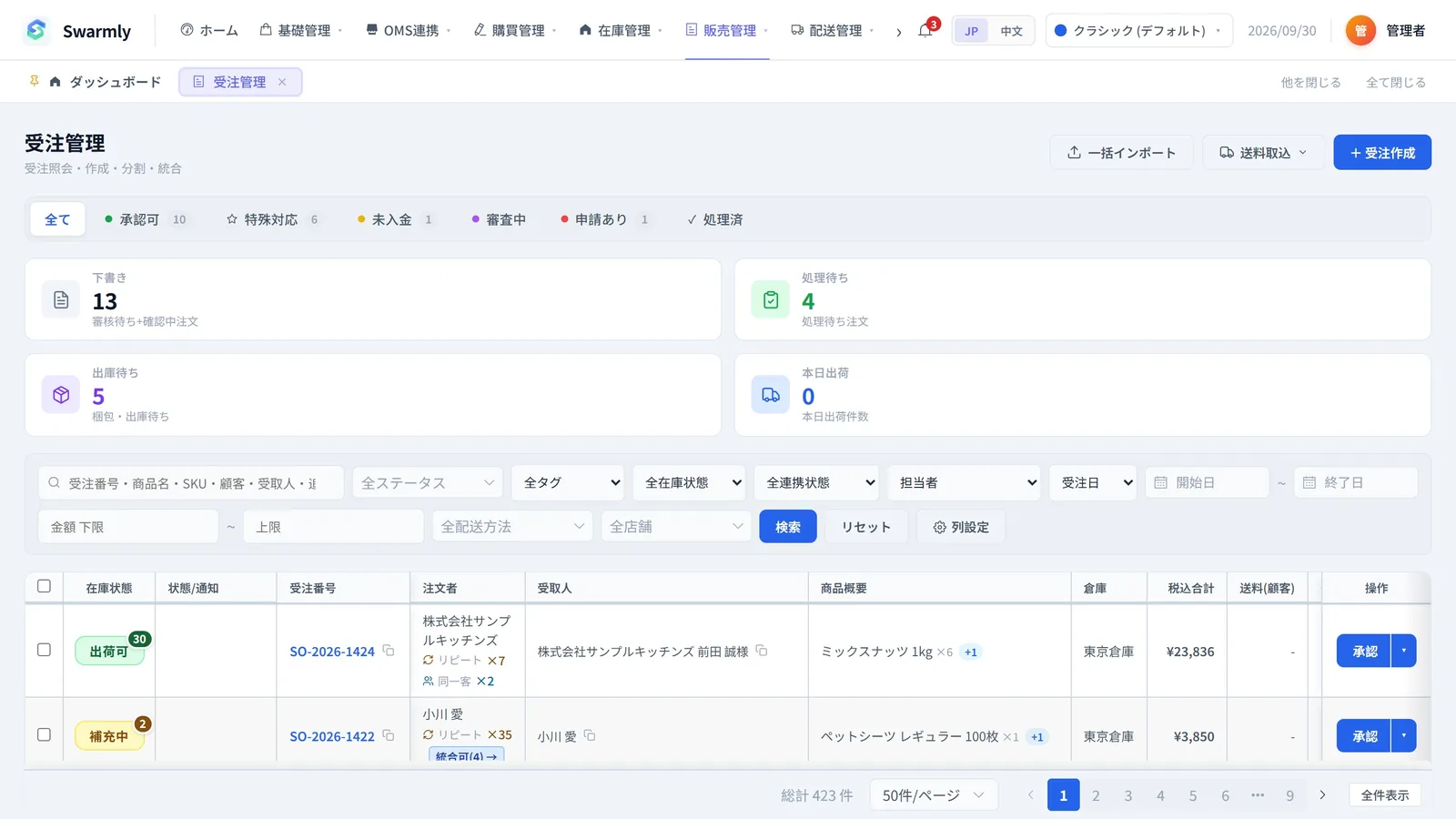 受注管理画面。承認可、特殊対応、未入金などのタブと受注一覧